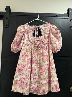 For Love And Lemons Floral Puff Sleeve Babydoll Dress in Pink Rose Size Small